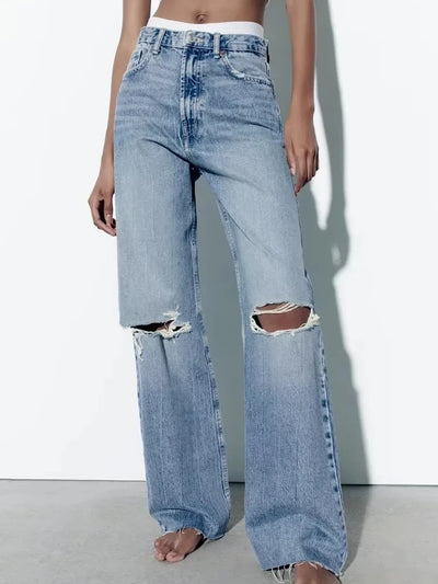 Trendy Women's High-Waisted Wide Leg Denim Jeans Distressed