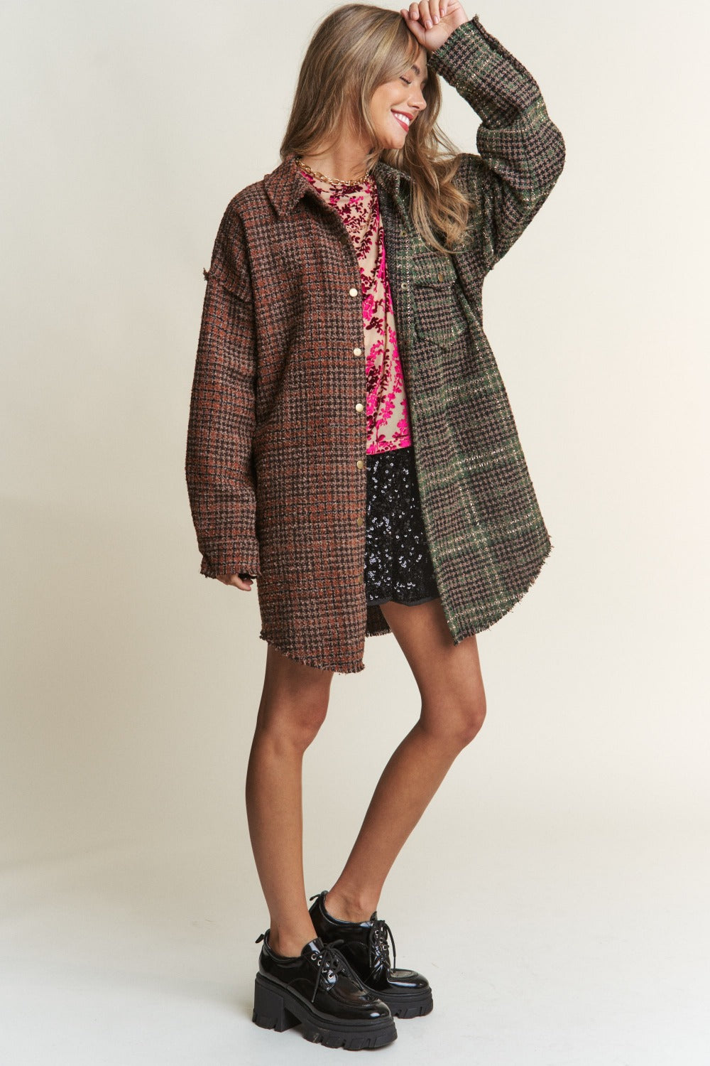 J.NNA Longline Tweed Plaid Shacket with Snap Down Closure