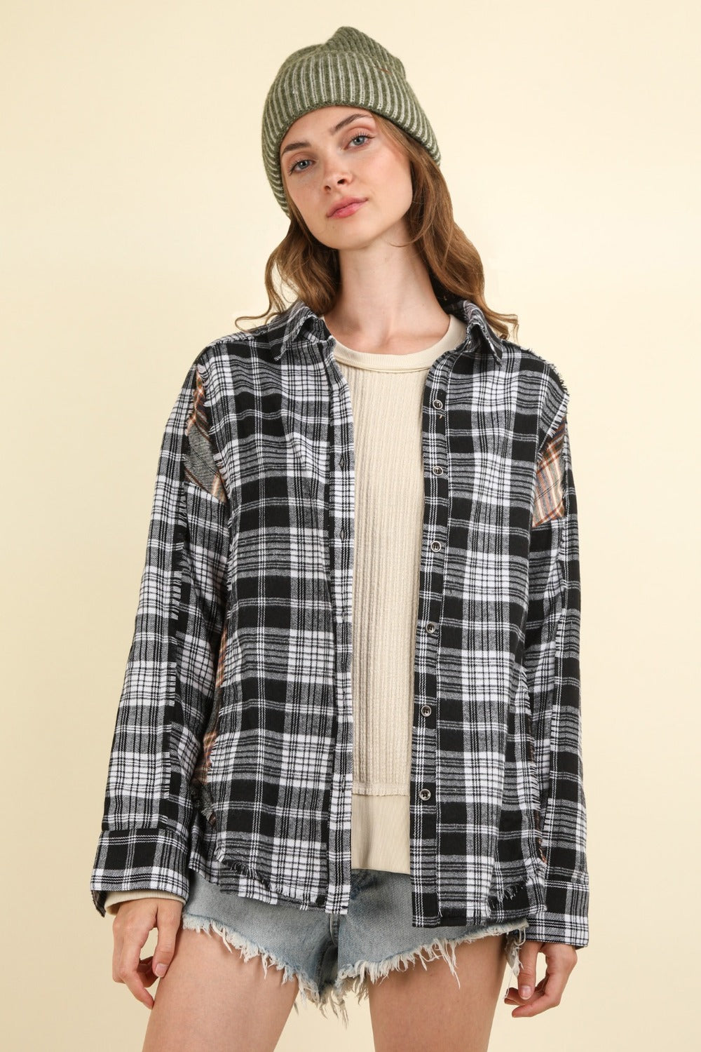 Plaid Chic Oversized Raw Detail Shirt by VERY J