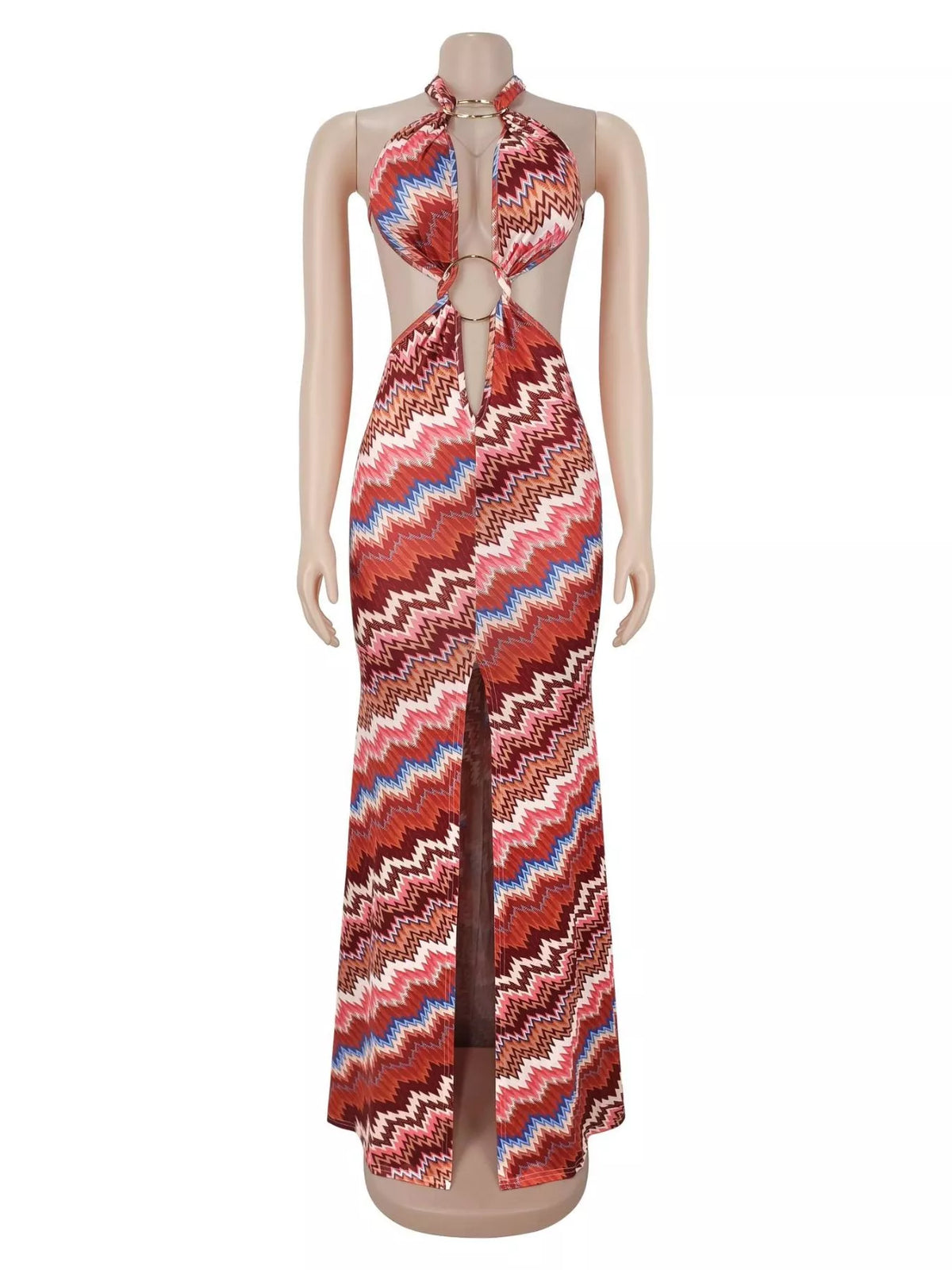 Chevron Print Halter Neck Cut-Out Maxi Dress