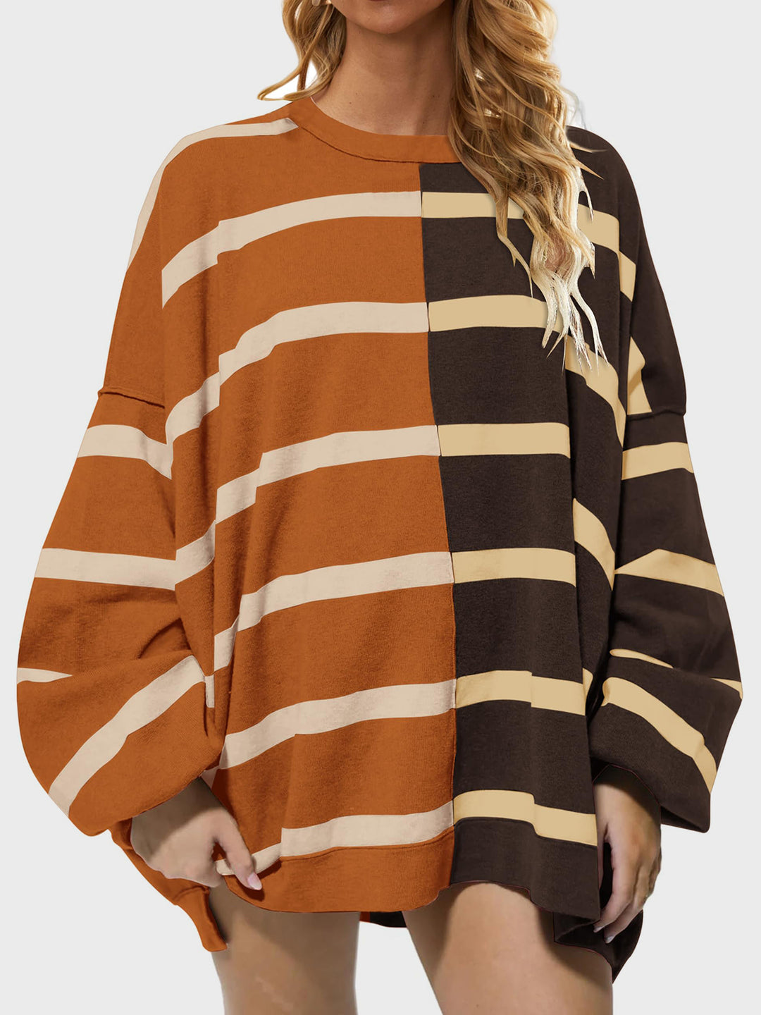 Chic Striped Knit Sweater with Round Neck and Long Sleeves