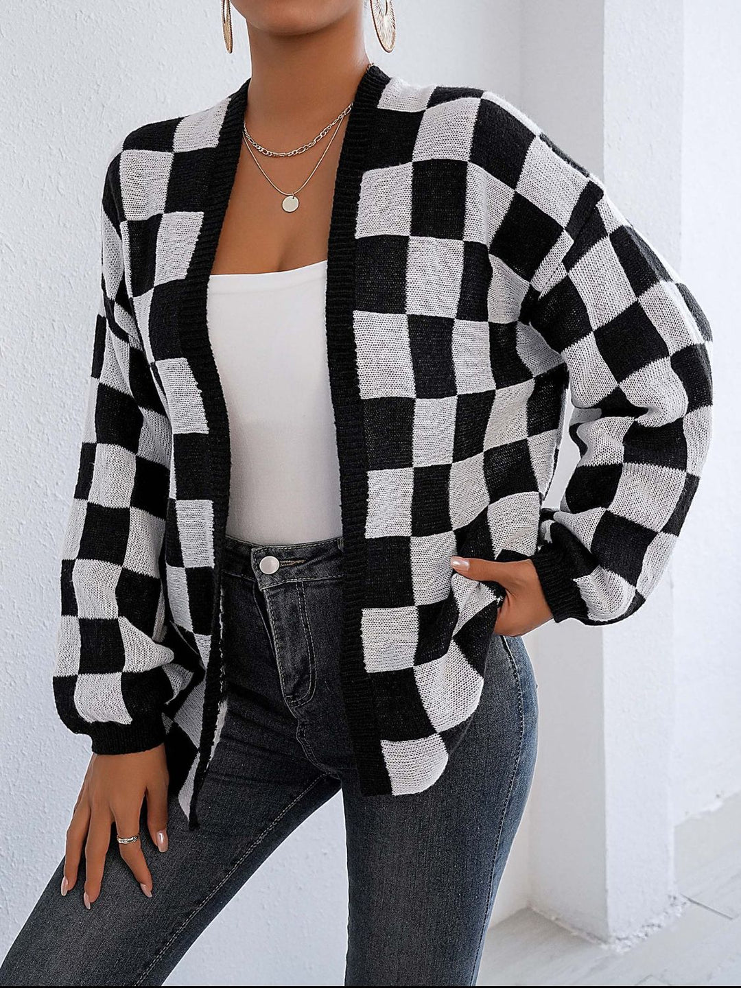 Plaid Open Front Long Sleeve Sweater Cardigan