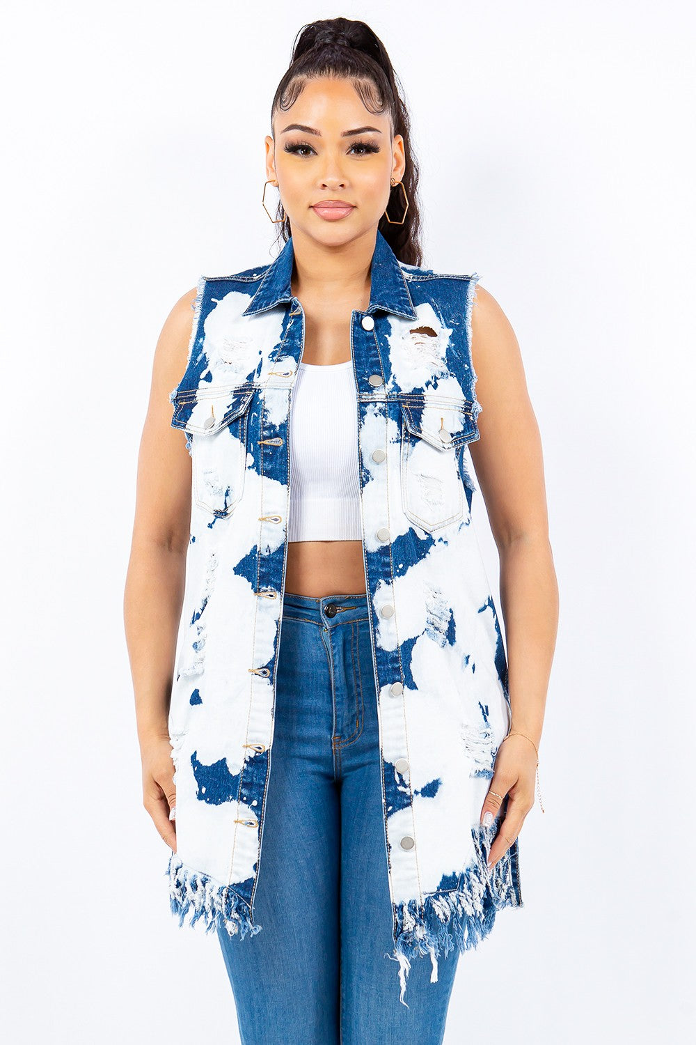 Retro-Inspired Frayed Edge Longline Denim Vest