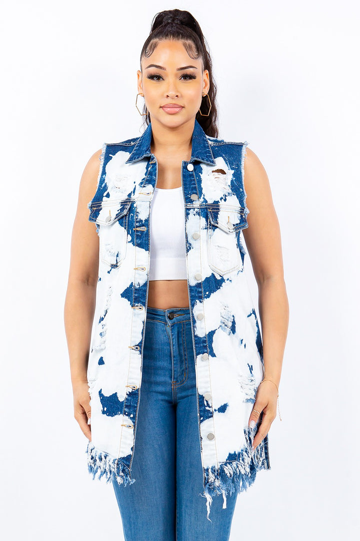 Retro-Inspired Frayed Edge Longline Denim Vest