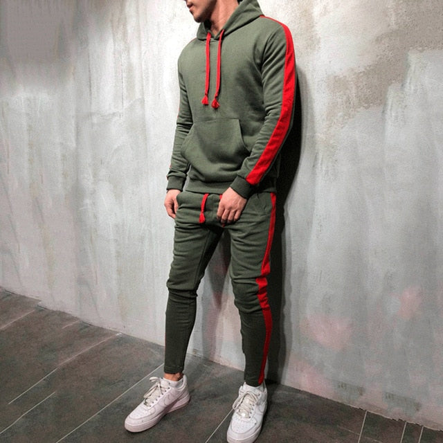 Men's Stylish 2-Piece Casual Tracksuit - Hooded Sweatshirt & Drawstring Pants with Eye-Catching Stripe Design