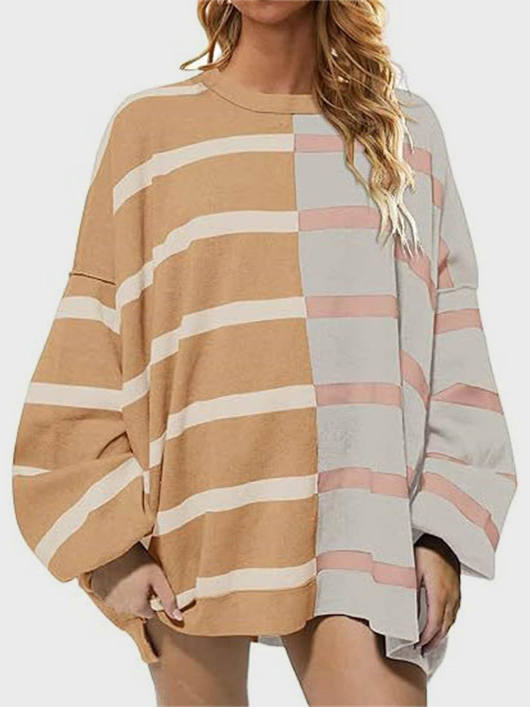 Chic Striped Knit Sweater with Round Neck and Long Sleeves