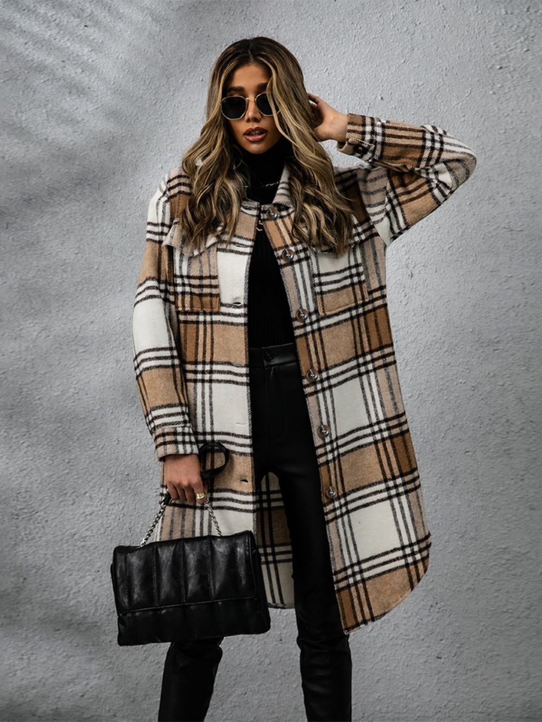 Chic Plaid Long Sleeve Coat with Collared Neck