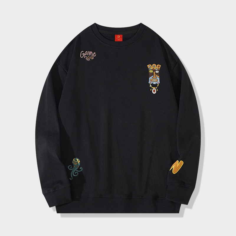 Cultural Charm Cartoon Embroidered Men's Long Sleeve Sweatshirt - Cozy Casual for Fall/Winter