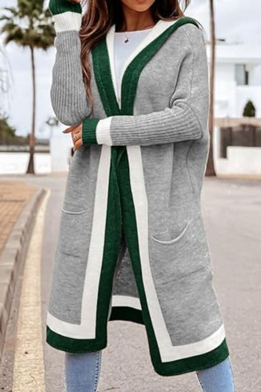 Pocketed Contrast Long Sleeve Hooded Cardigan for Women