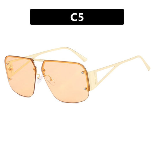 Versatile Half Frame Square Sunglasses with Blue Lenses and Gold Metal Frame