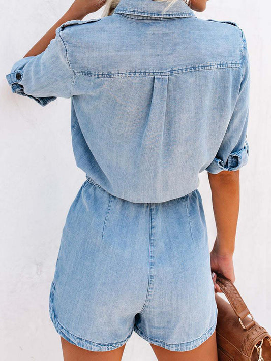 Trendy Half Button Denim Romper with Drawstring Sleeves