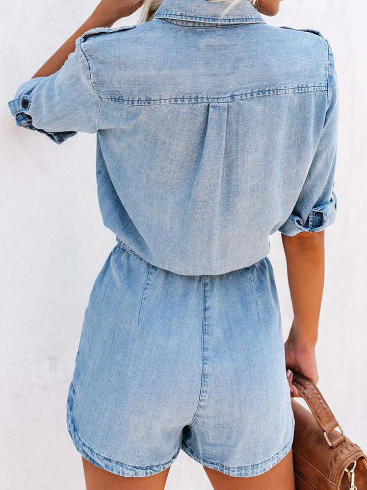 Trendy Half Button Denim Romper with Drawstring and Sleeves