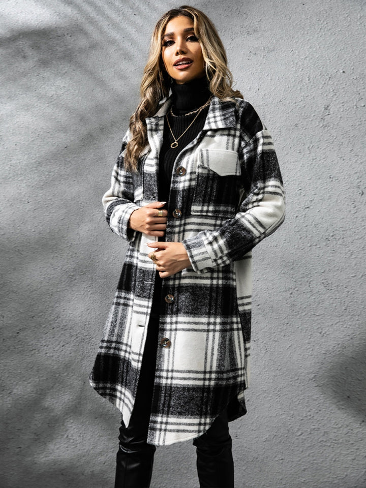 Chic Plaid Long Sleeve Coat with Collared Neck