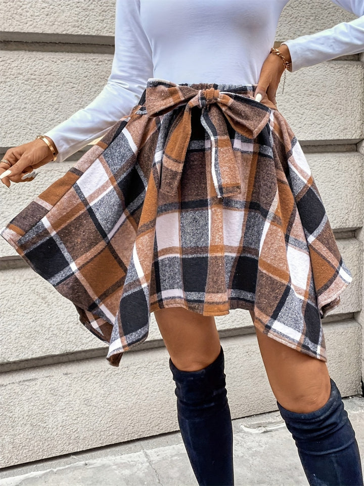 Plaid Tied Asymmetrical Skirt with Sheer Detail