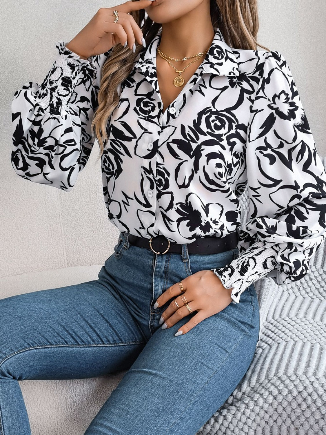 Stylish Printed Lantern Sleeve Button-Up Blouse for Women