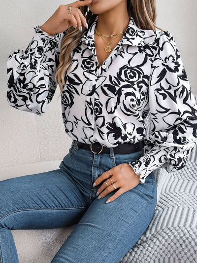 Stylish Printed Lantern Sleeve Button-Up Blouse for Women