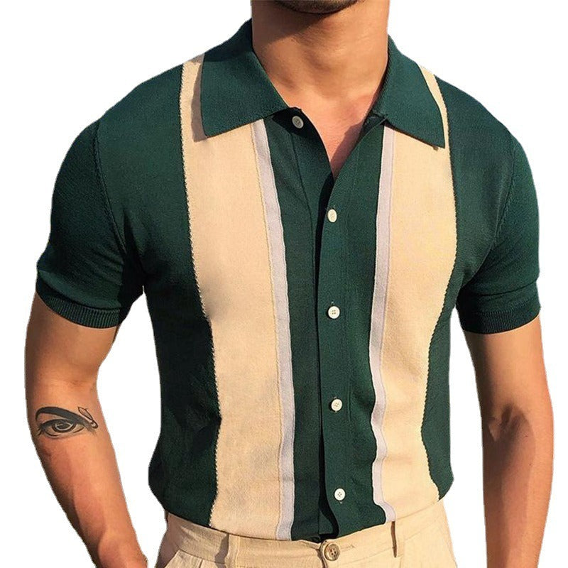 Stylish Color-Contrast Short-Sleeve Polo Cardigan with Flip Collar - Perfect Gift for Father's Day