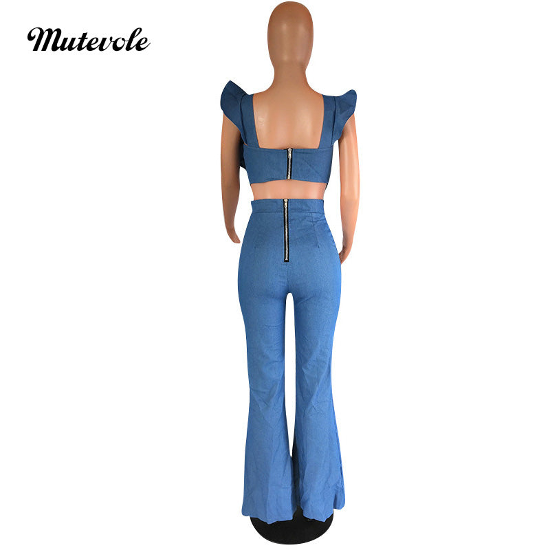 Backless Summer Denim Ruffle Jumpsuit for Women - Stylish Sleeveless Romper with Back Zip Closure