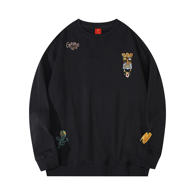 Cultural Charm Cartoon Embroidered Men's Long Sleeve Sweatshirt - Cozy Casual for Fall/Winter