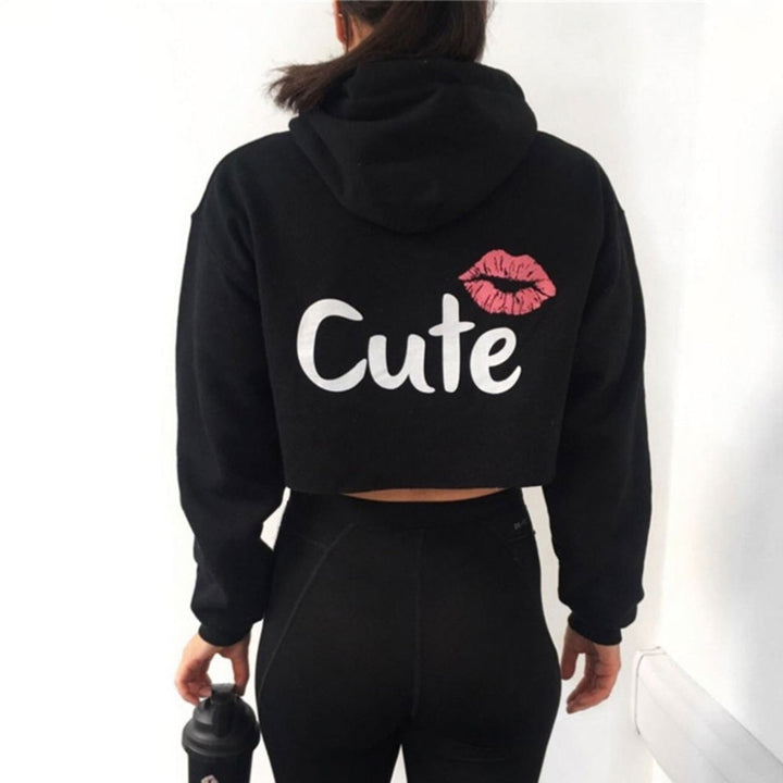 Chic Women's Cropped Hoodie with Lip Print and Drawstring Detail