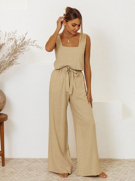 Elegant Square Neck Sleeveless Top and Trousers Set Sale