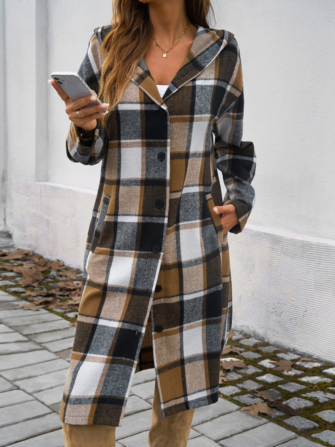 Plaid Hooded Jacket with Long Sleeves