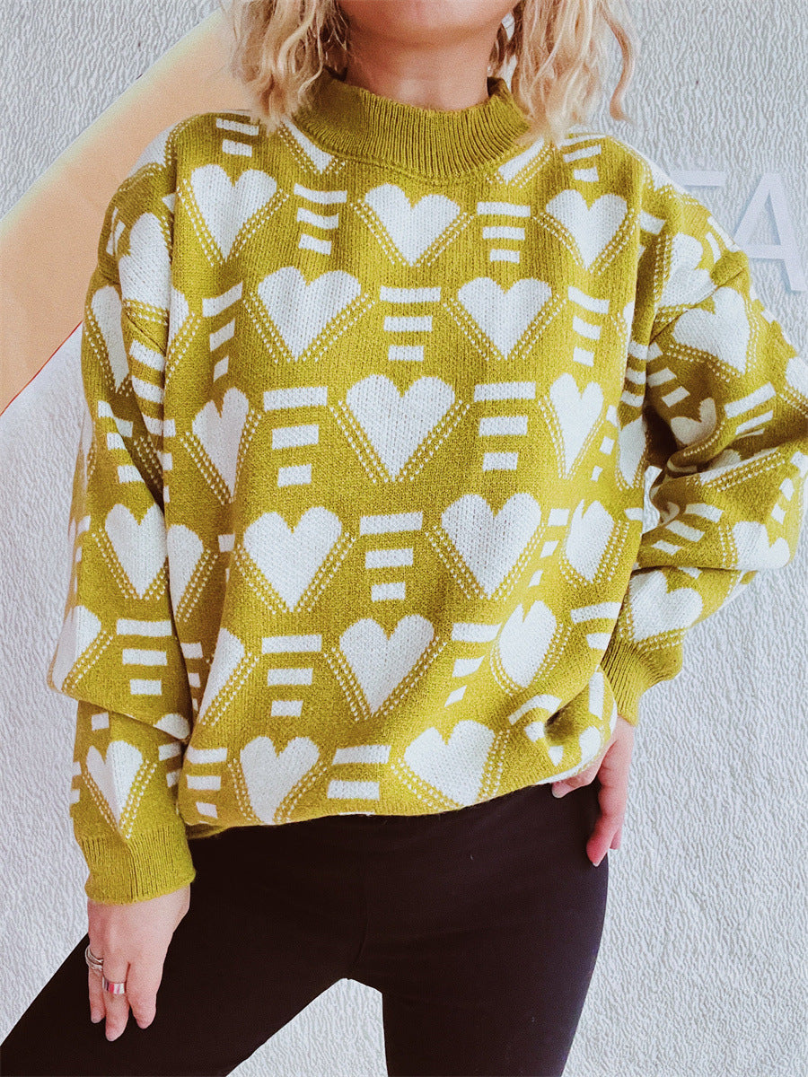 Charming Heart Contrast Oversized Sweater for Cozy Style