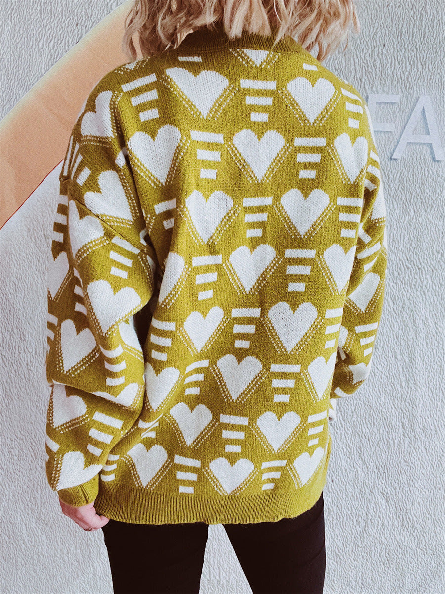 Charming Heart Contrast Oversized Sweater for Cozy Style