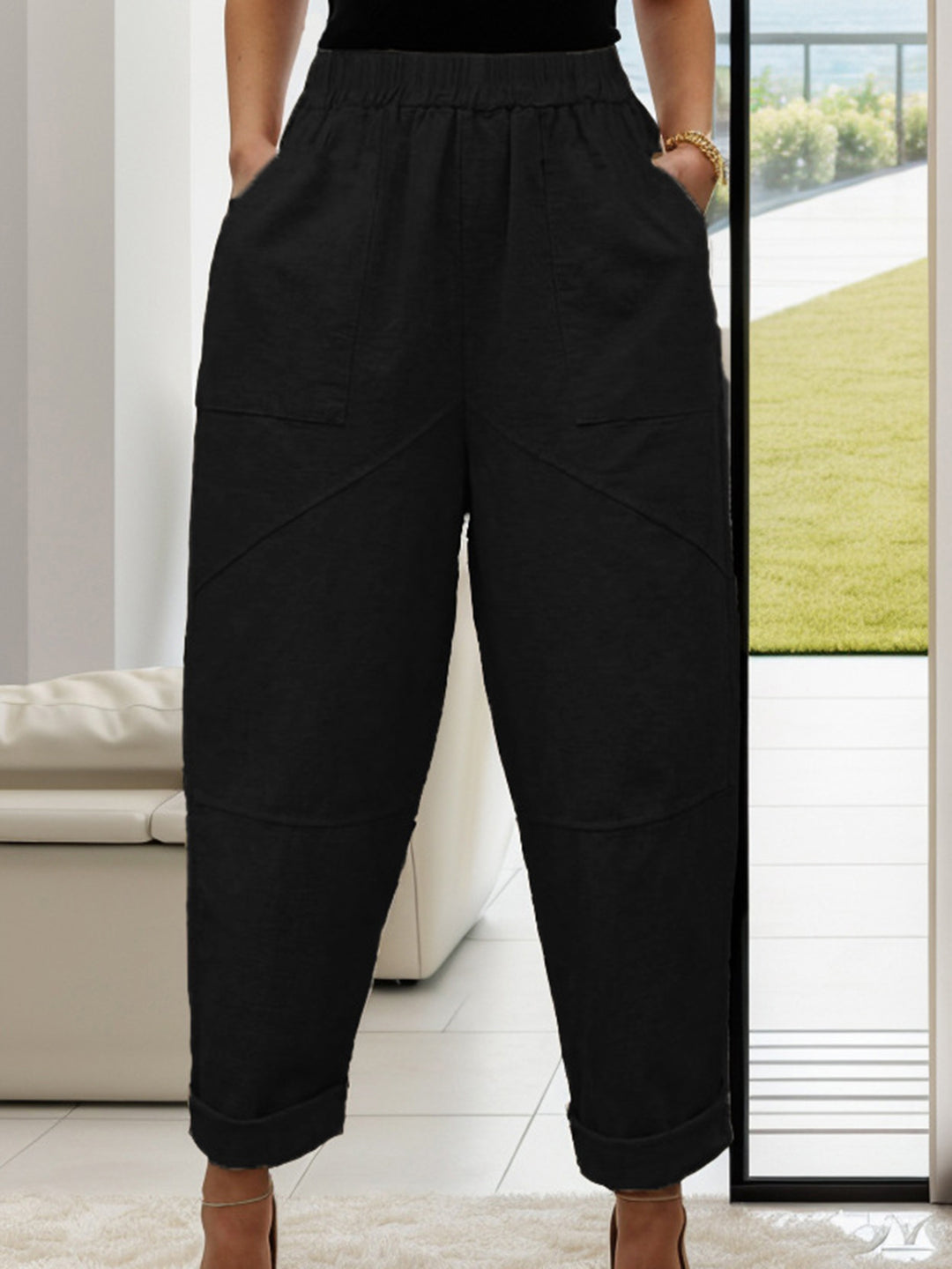 Chic Sheer Elastic-Waist Trousers with Pockets