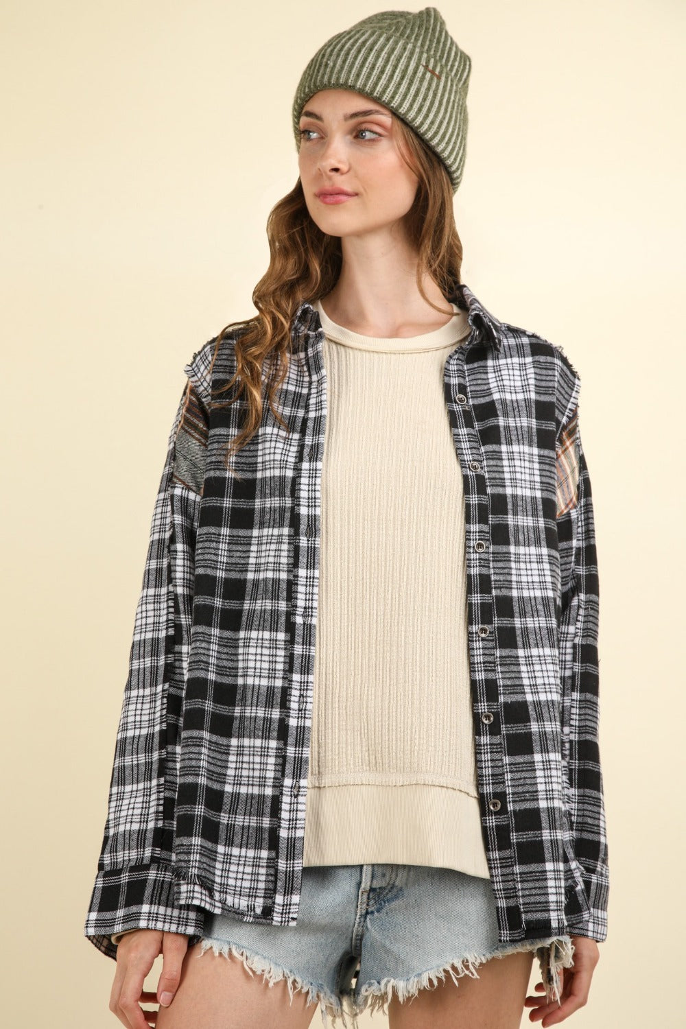 Plaid Chic Oversized Raw Detail Shirt by VERY J