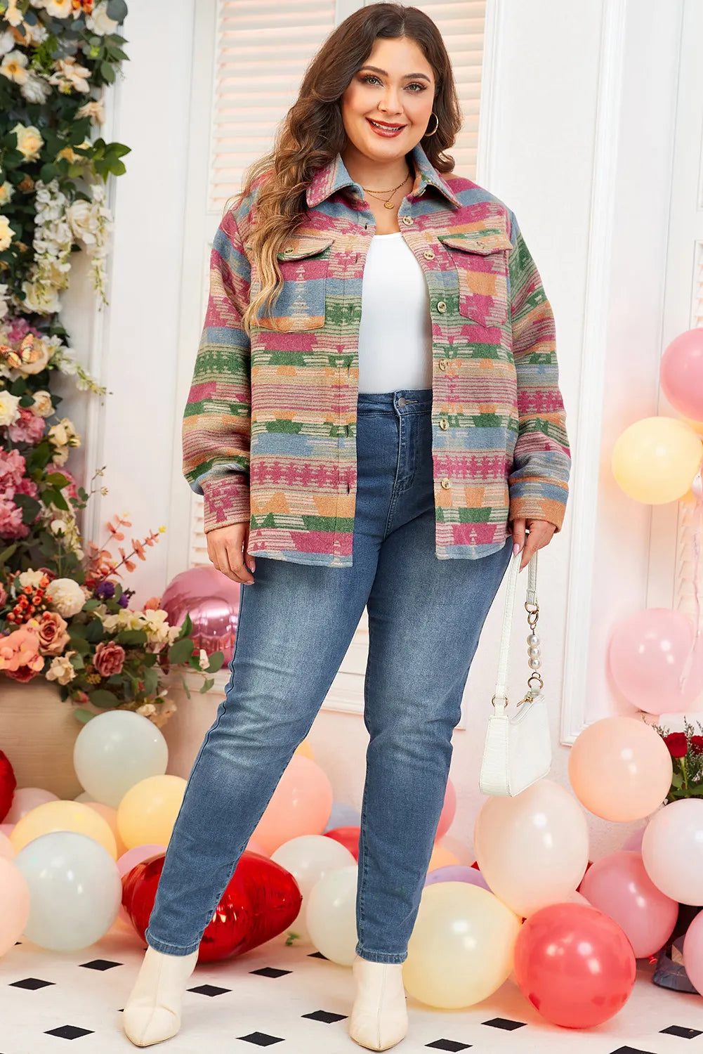 Chic Plus Size Printed Jacket with Pockets and Collared Neck