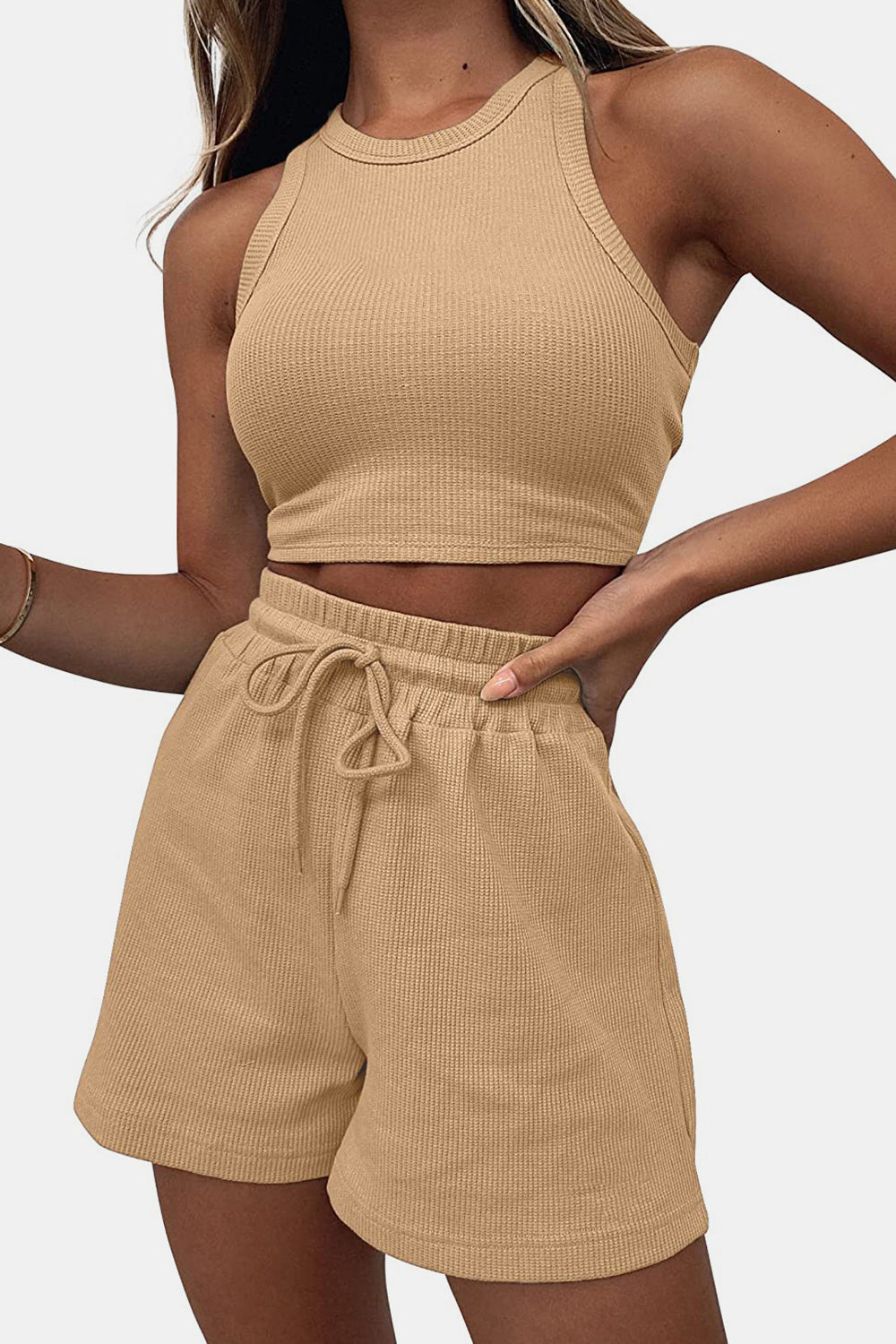 Stylish Round Neck Lounge Set with Adjustable Shorts Set