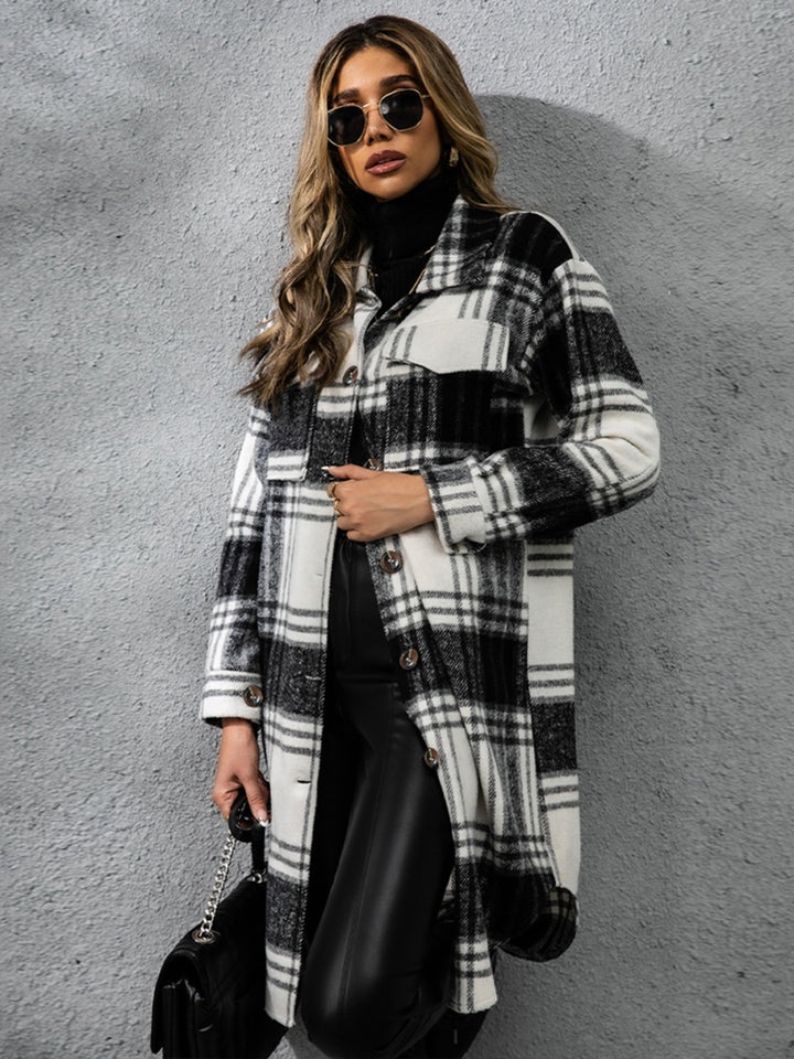 Chic Plaid Long Sleeve Coat with Collared Neck