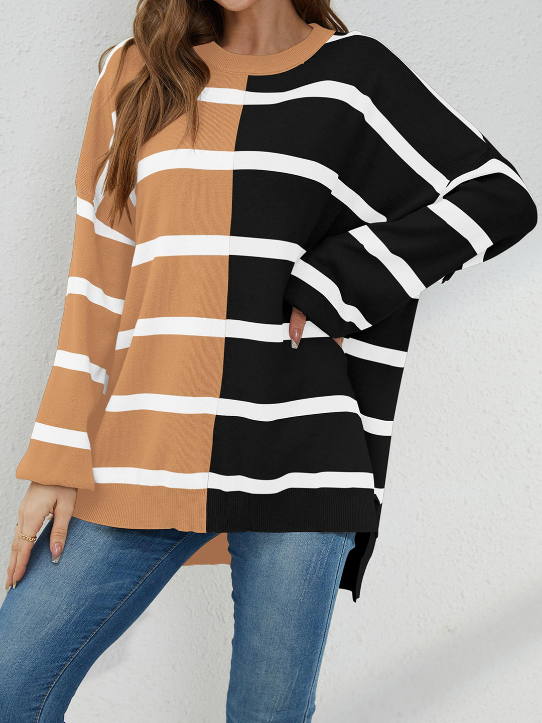 Chic Striped Knit Sweater with Round Neck and Long Sleeves