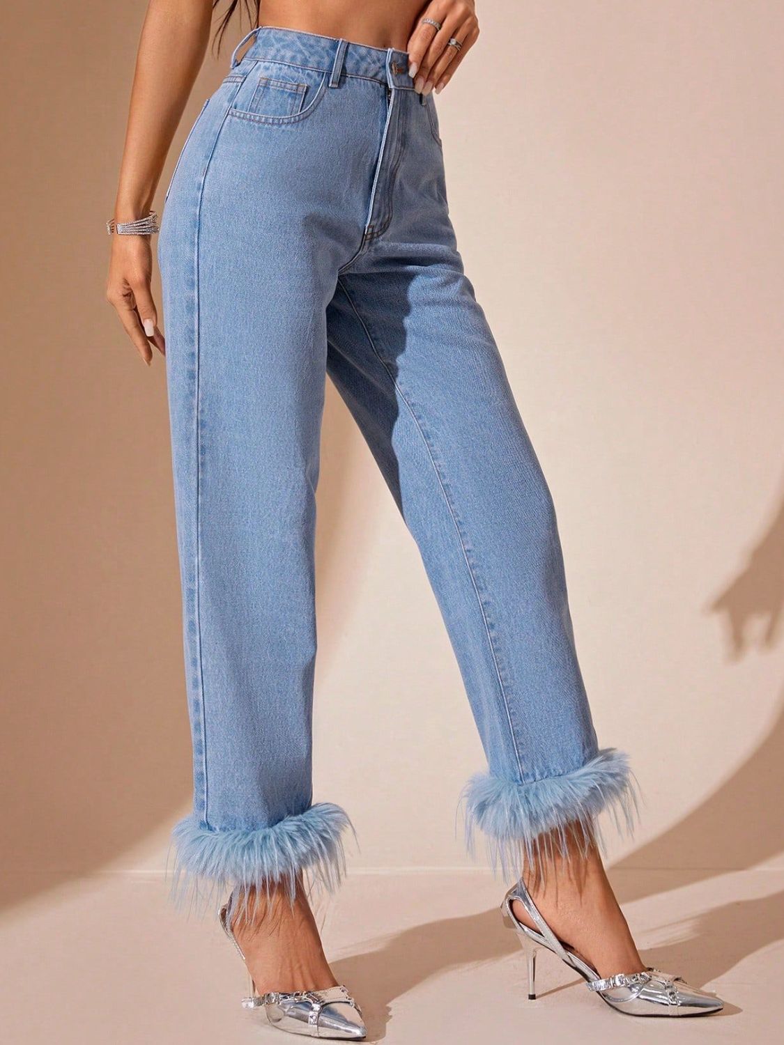 Plush Hem High Rise Straight Jeans for Women in Various Sizes