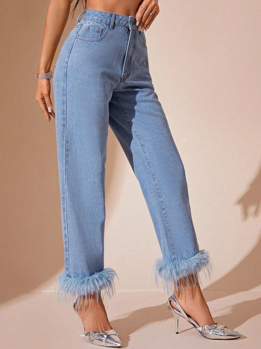 Plush Hem High Rise Straight Jeans for Women in Various Sizes