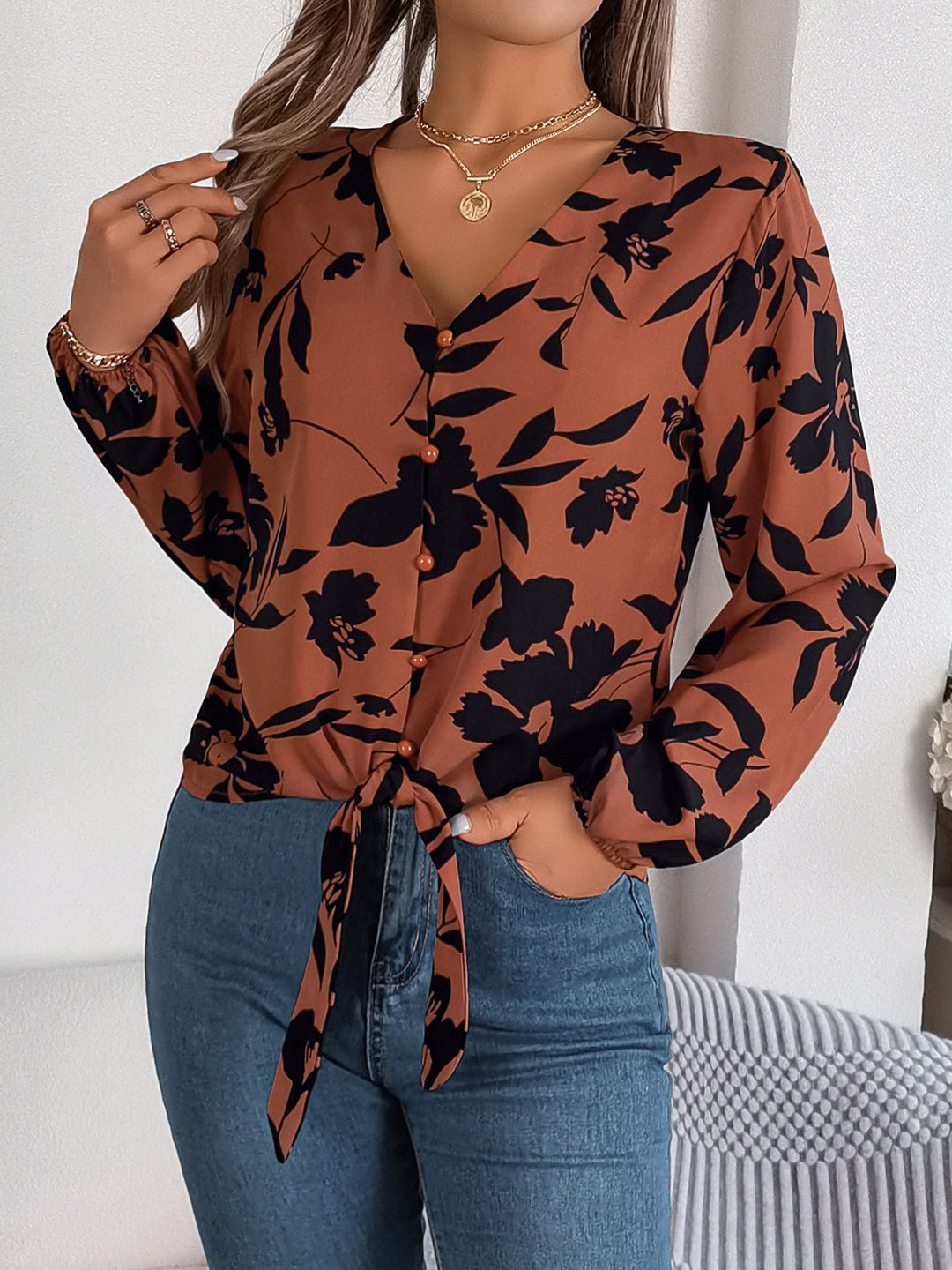 Elegant Printed Long Sleeve V-Neck Blouse