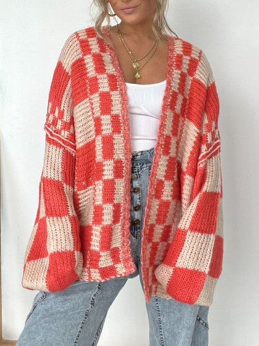 Plaid Open Front Long Sleeve Cardigan for Women Fashion