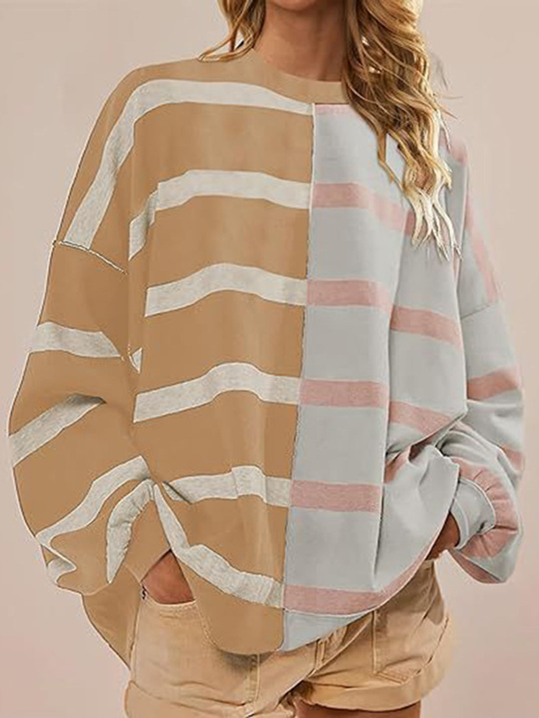 Chic Striped Knit Sweater with Round Neck and Long Sleeves