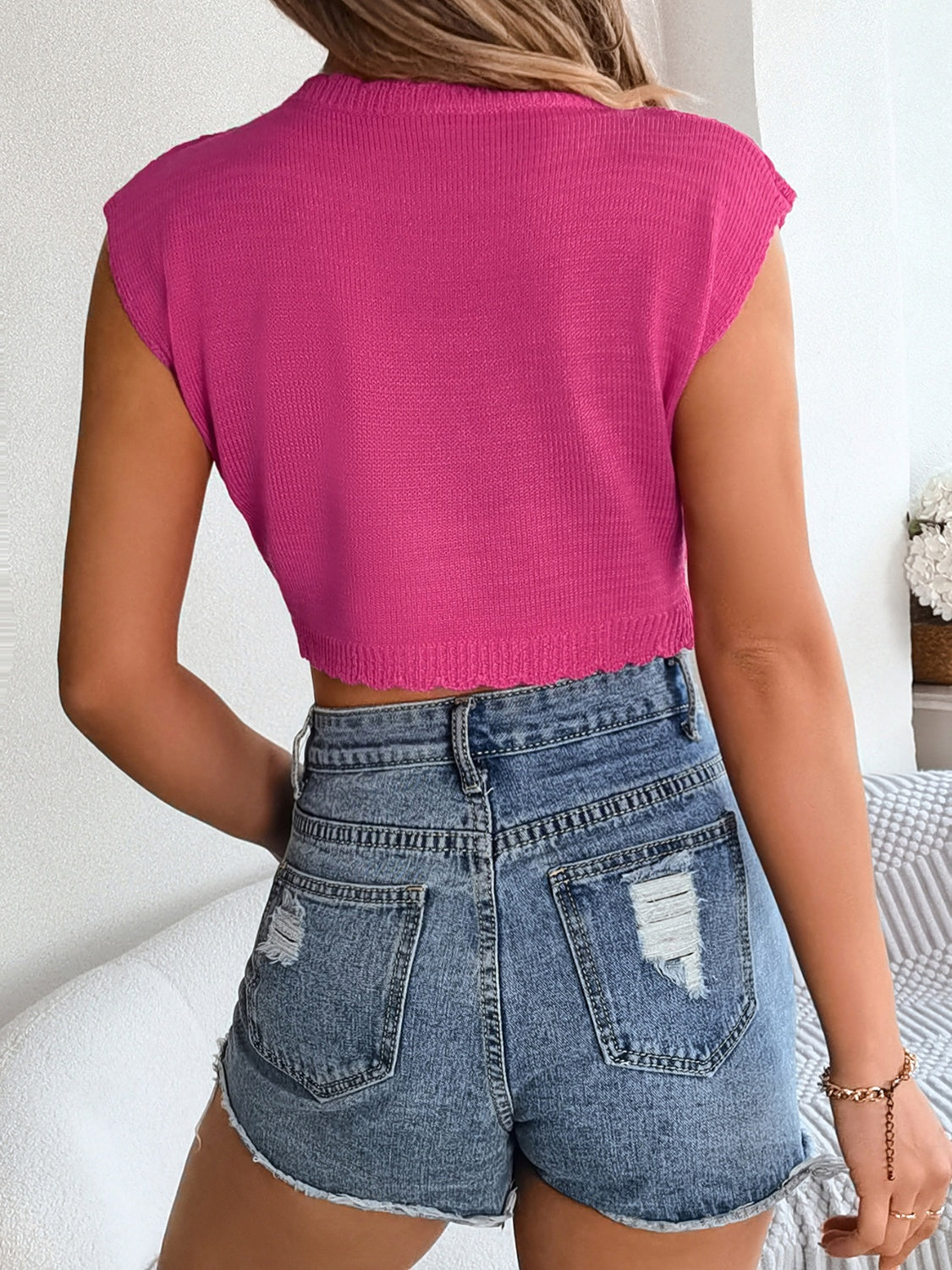 Elegant Cap Sleeve Knit Blouse with Openwork Design Style