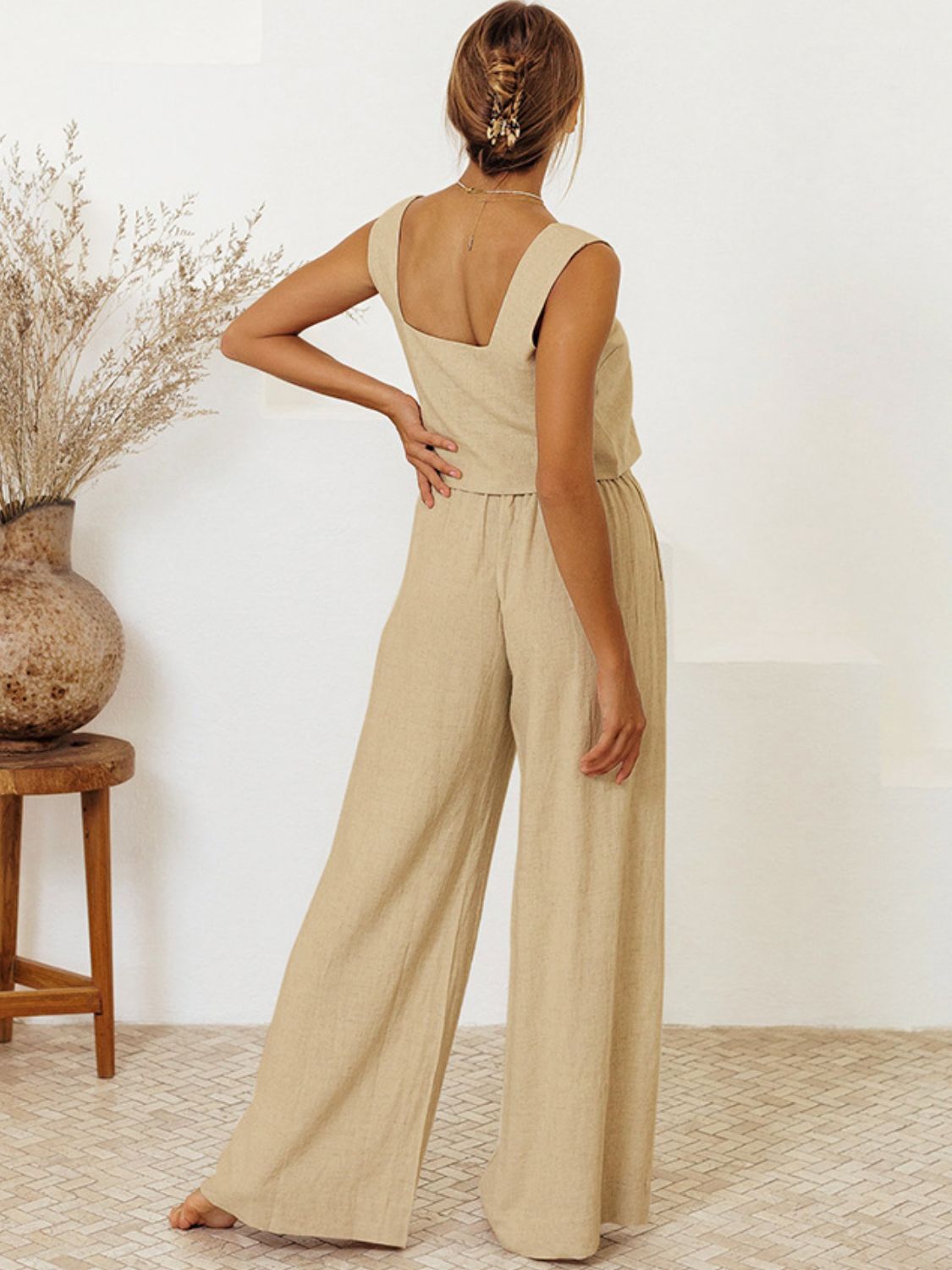 Elegant Square Neck Sleeveless Top and Trousers Set Sale