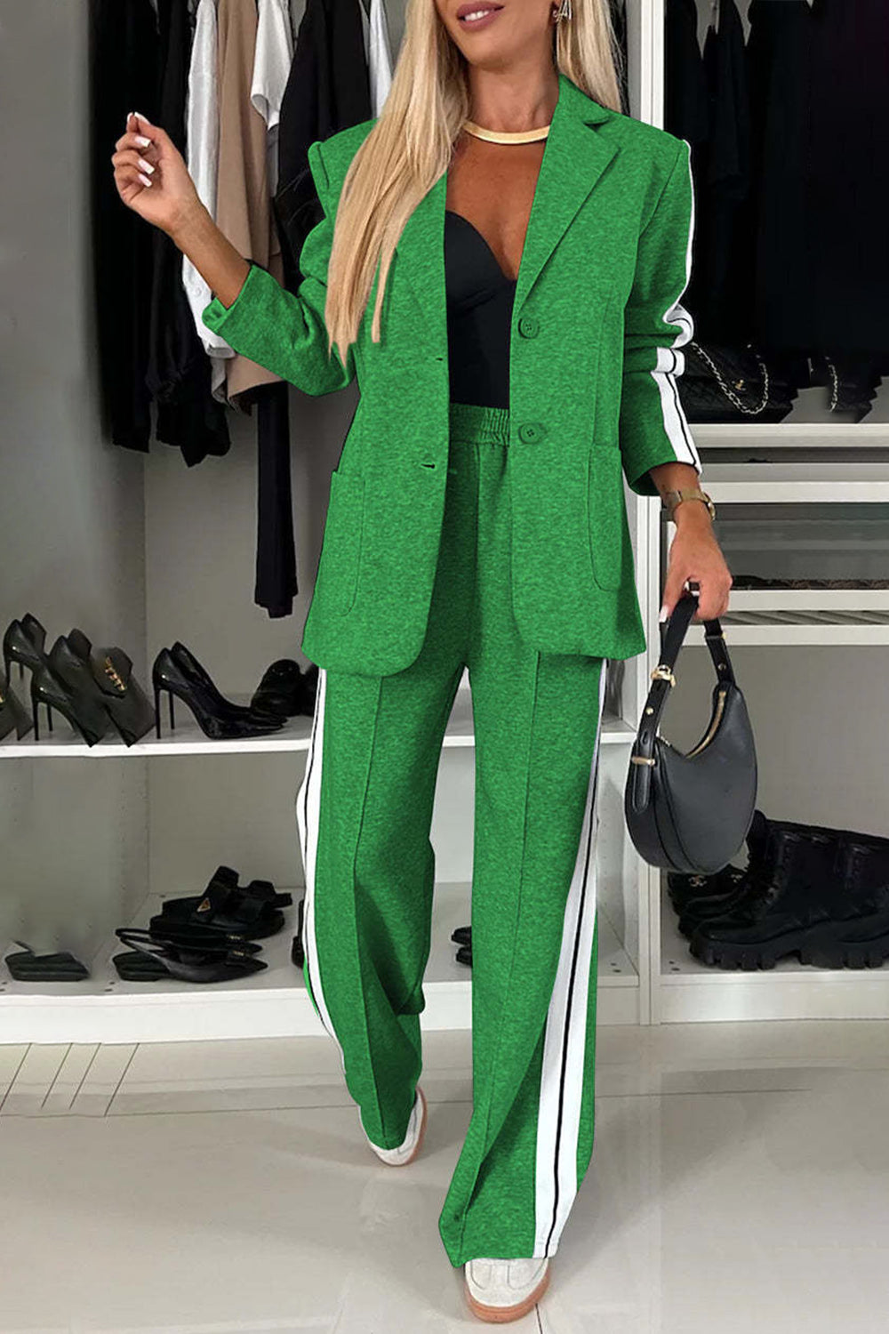 Full Size Contrast Lapel Collar Top and Pants Set for Women