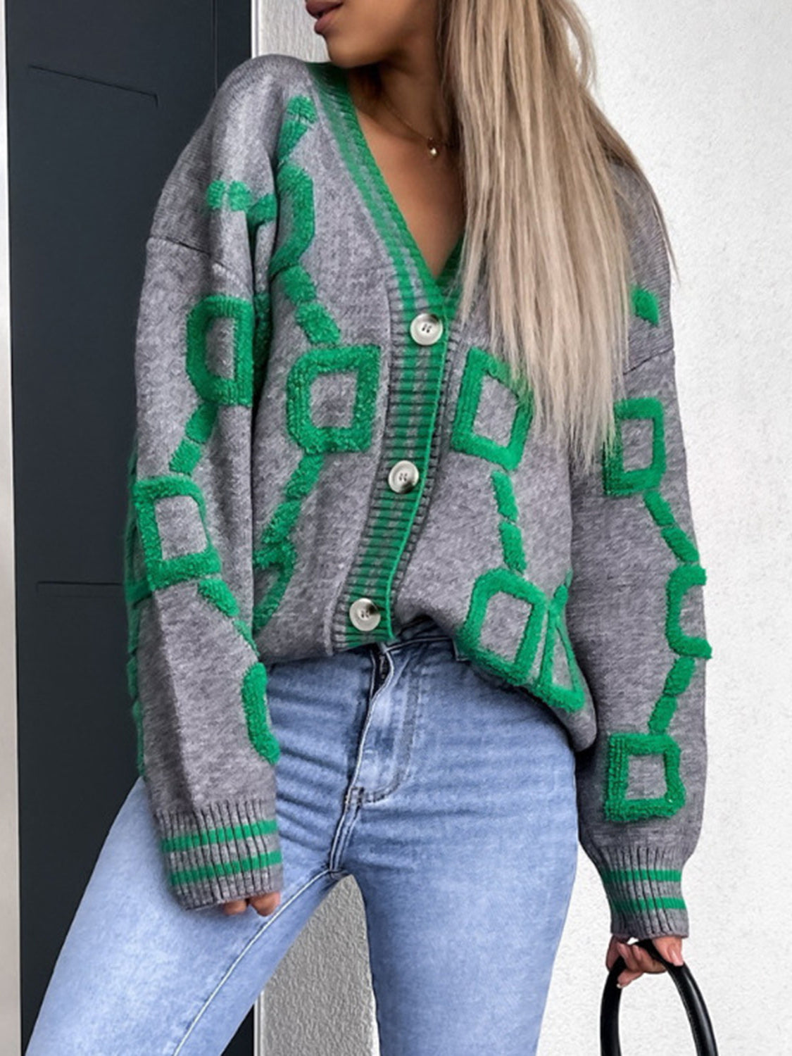 Geometric Dropped Shoulder Button Down Cardigan for Women