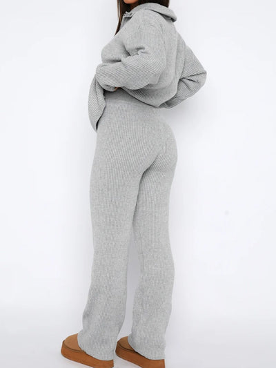 Chic Ribbed Quarter Zip Lounge Set with Long Sleeve Top