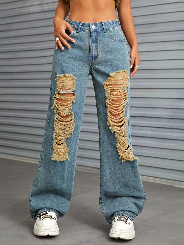 Chic Distressed Wide Leg Denim Trousers with Pockets