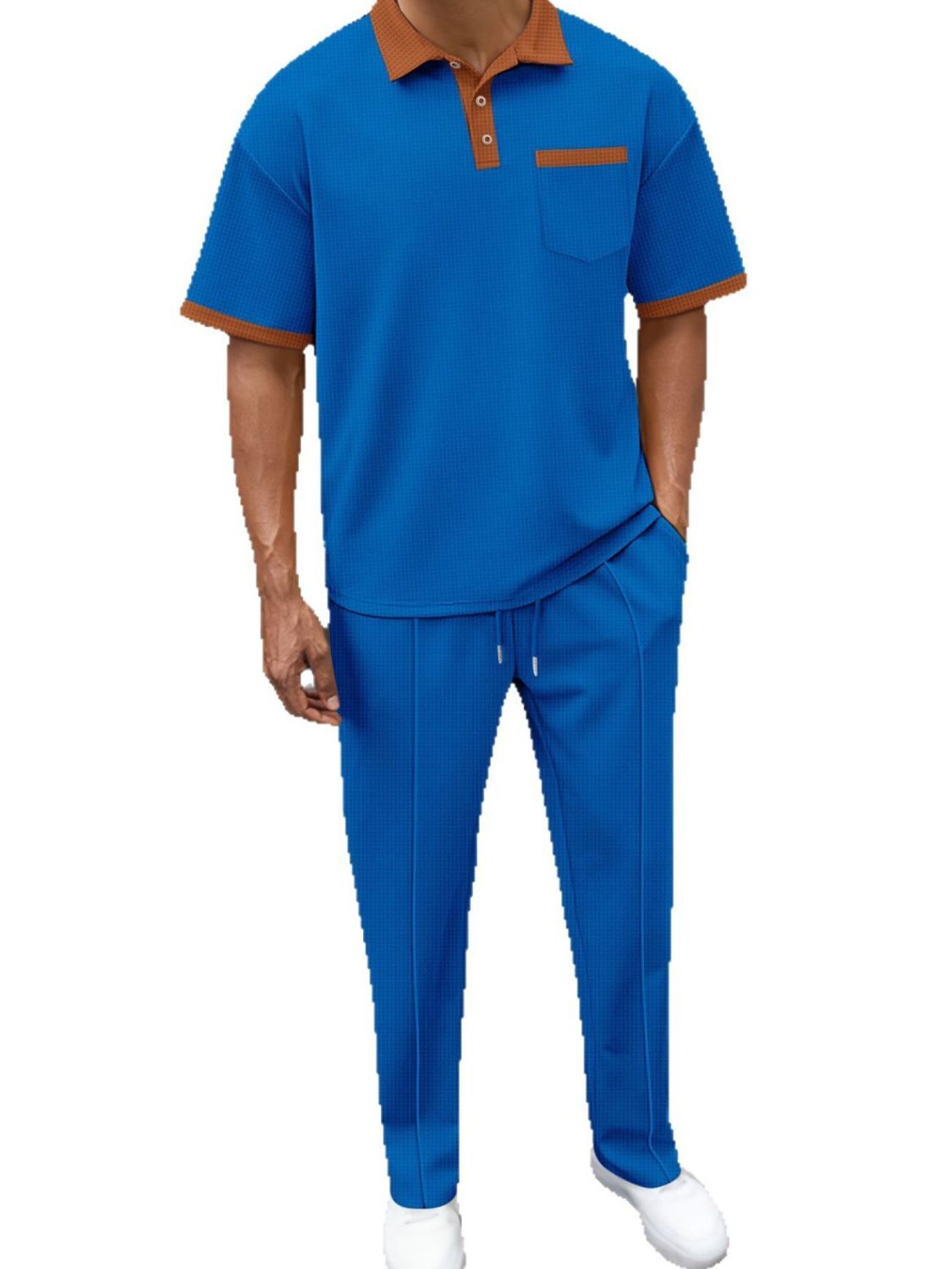 Men's Full Size Waffle-Knit Contrast Polo Pants Set Plus Size