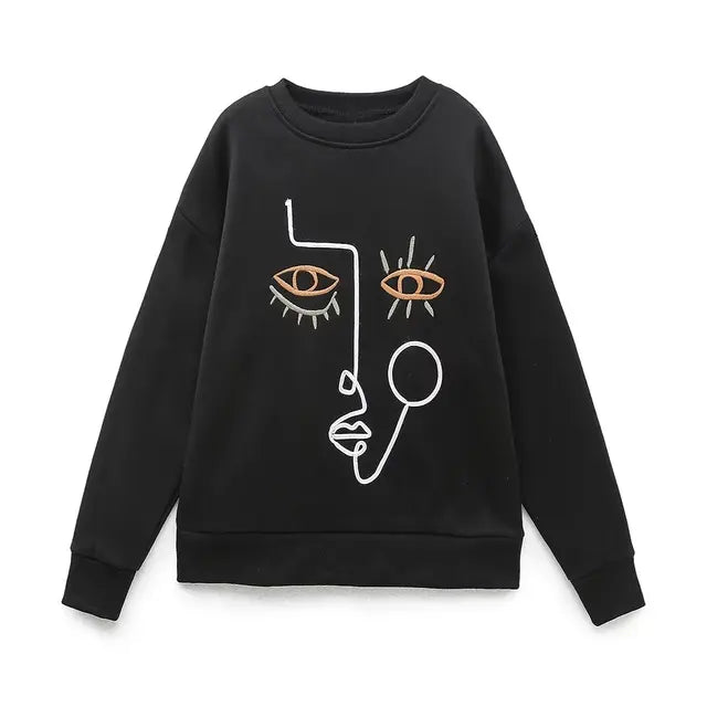 Chic Abstract Embroidered Fleece Hoodie for Women - Zevity Casual Long Sleeve Pullover H3090