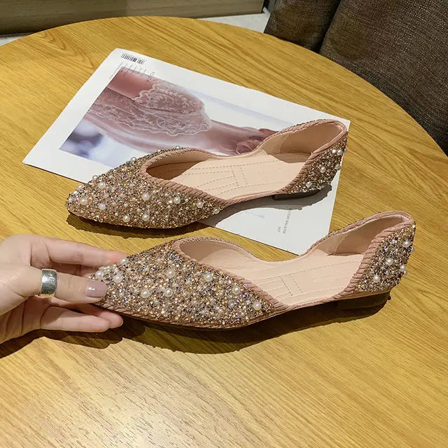 Sparkling Green Pointed Toe Flats with Rhinestones and Crystals - Women's Summer Pearl Footwear