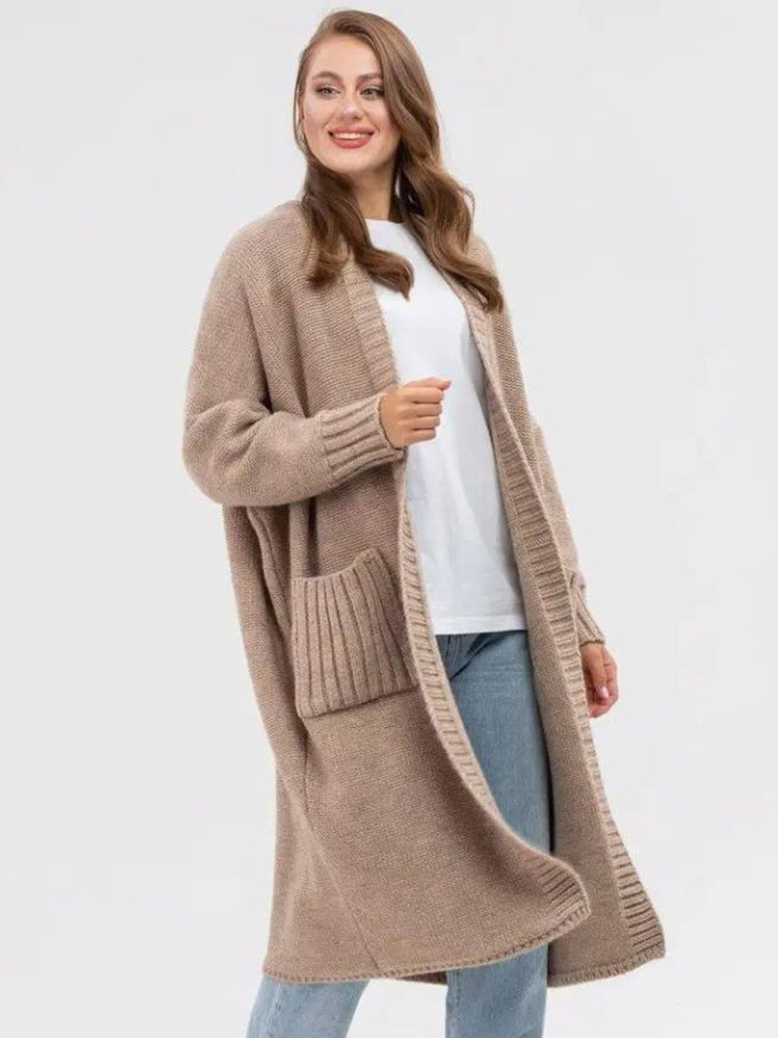 Pocketed Open Front Long Sleeve Longline Cardigan for Women