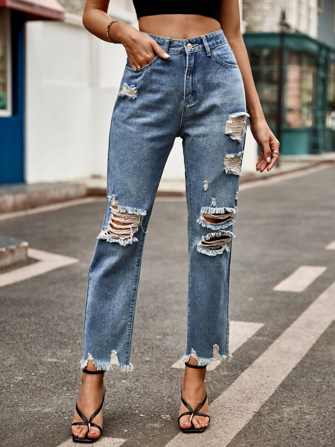 Ripped Edge Pocket Jeans for Effortless Style